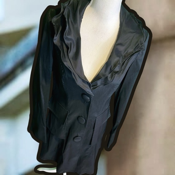 Joseph Ribkoff Black Button-Up Vintage Wired Stand-Up Ruffle Collar Jacket Sz 8 - Picture 14 of 15